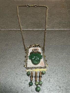 Vintage Statement Carved Malachite Mayan Aztec Warrior Necklace Copper Mexico